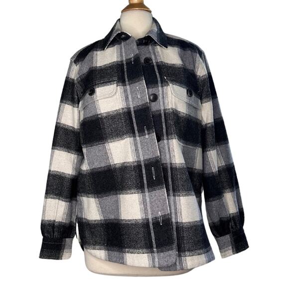 Free Assembly Wool Blend Classic Plaid ButtonUp Shirt Balloons Sleeve Light Coat - Picture 1 of 5
